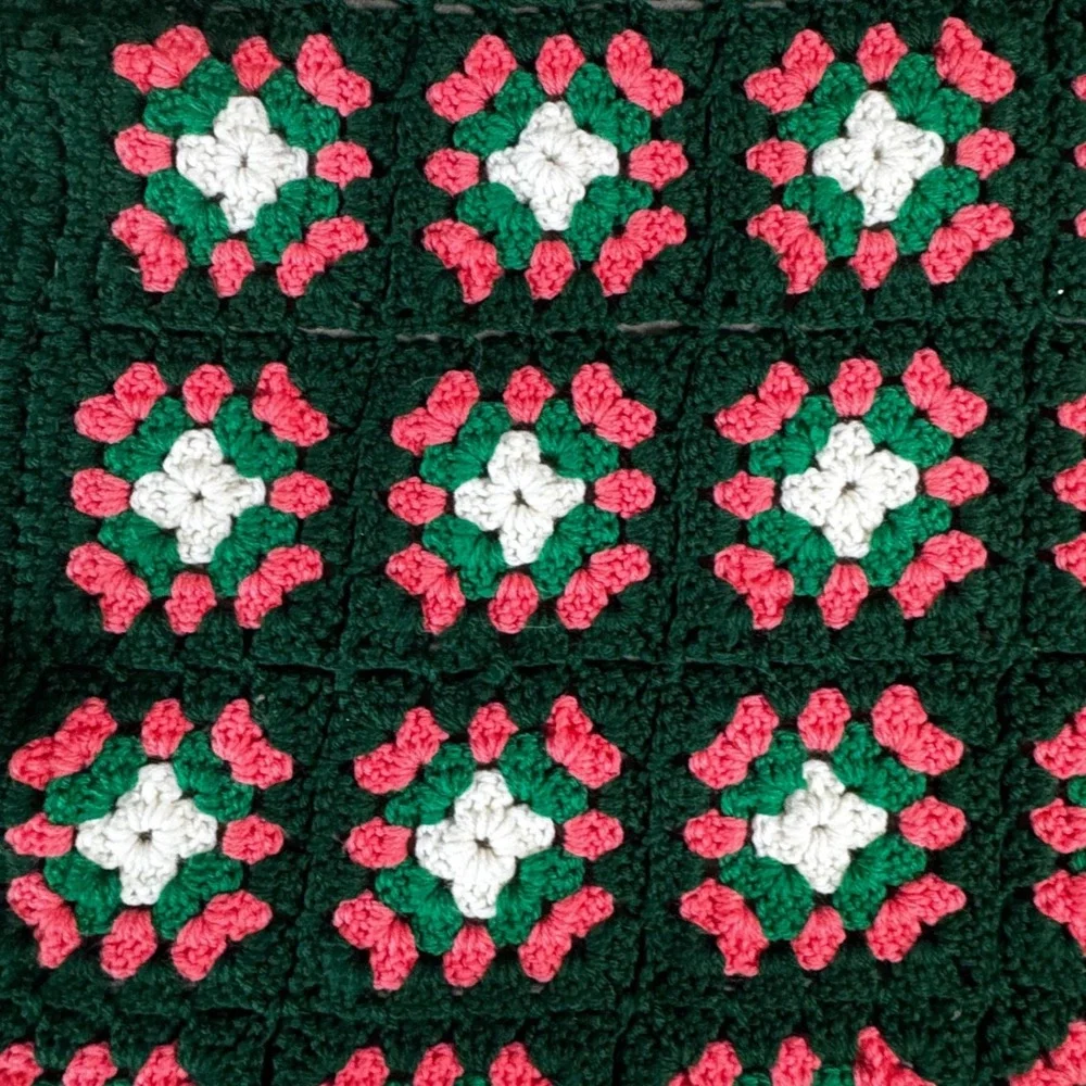 Vintage Handmade Granny Square Afghan Crochet Blanket Green Pink White 72x72 70s